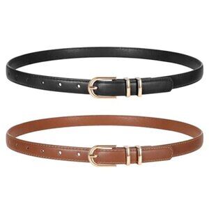Womens Skinny Leather Belt 2 Pack Gold Buckle Thin Waist Belt for Jeans